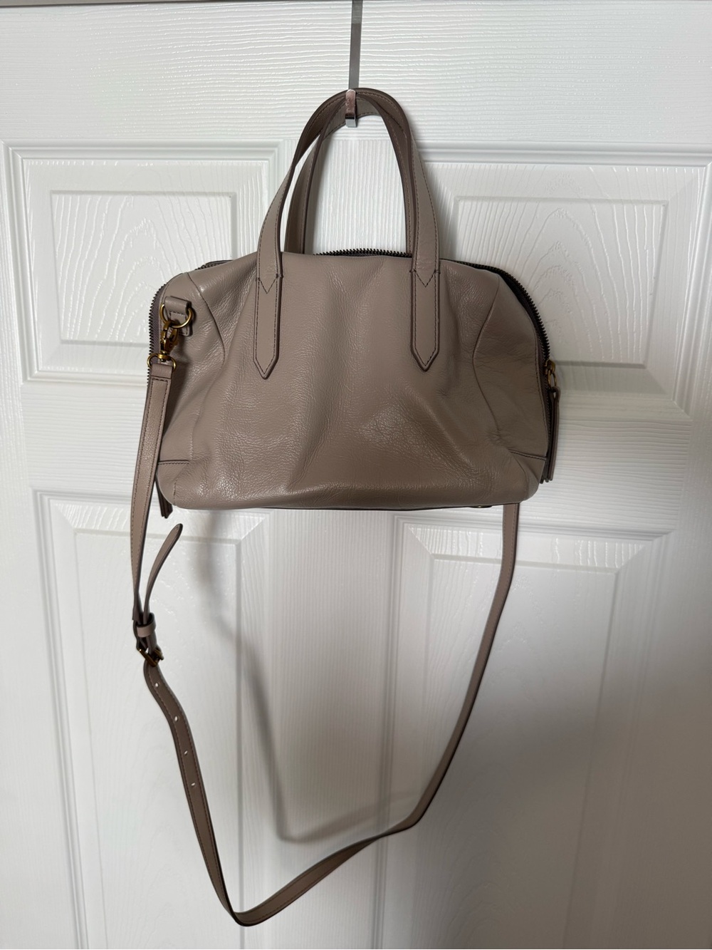 Fossil Taupe Pebbled Leather Satchel with Strap